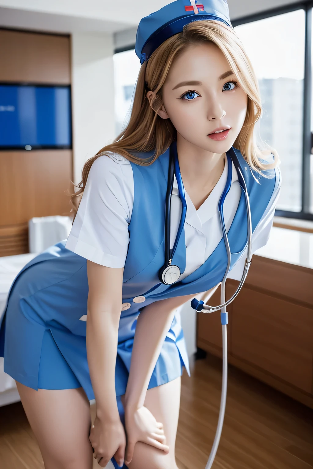 highest quality, Ultra-high resolution, (Realistic:1.4), Blue nurse uniform with an open chest、Japanese、Gal、Blonde、blue eyes、Sexy beauty、Stethoscope、Leaning forward、Hospital room in the background