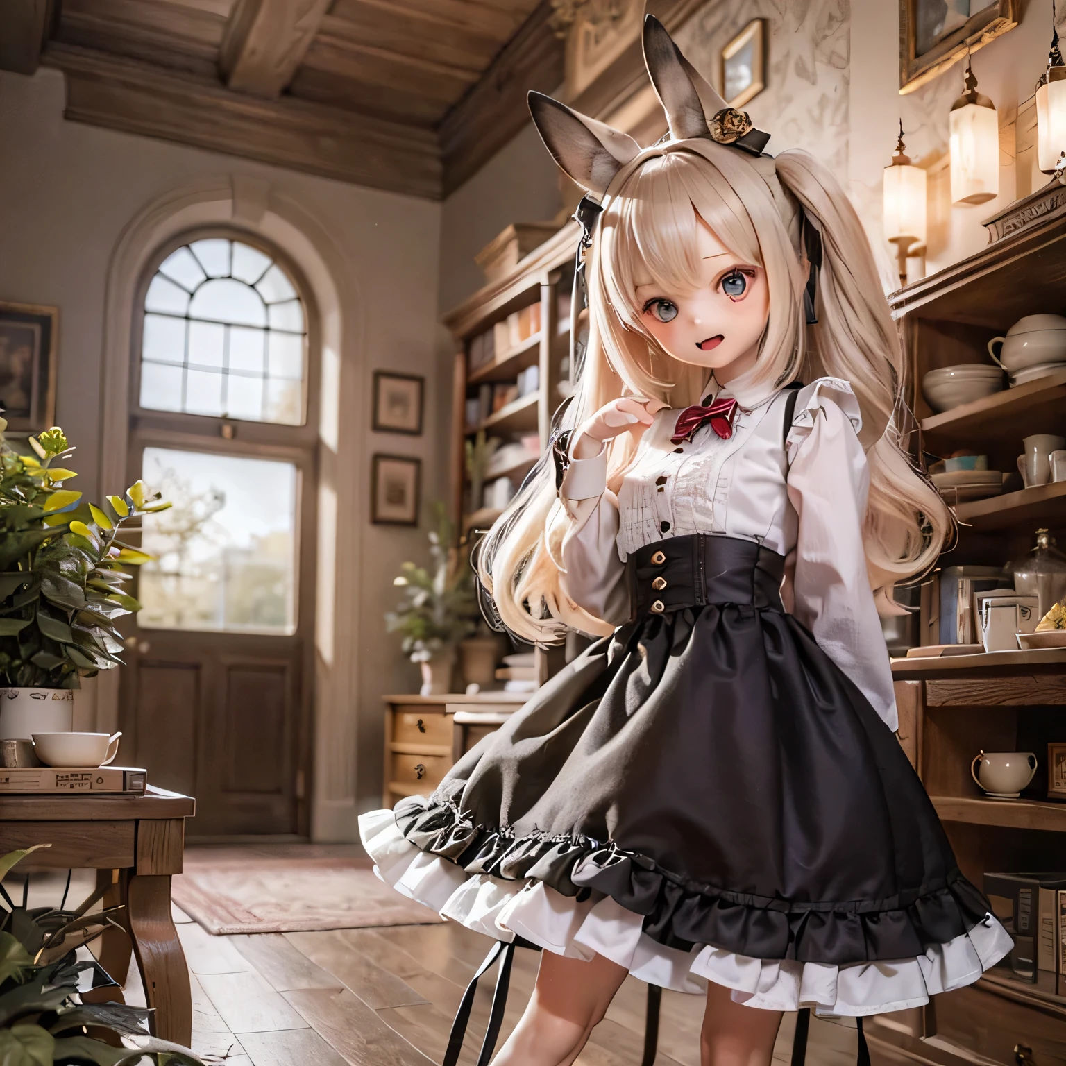 The rabbit girl is holding a big clock with Alice_Wonderland