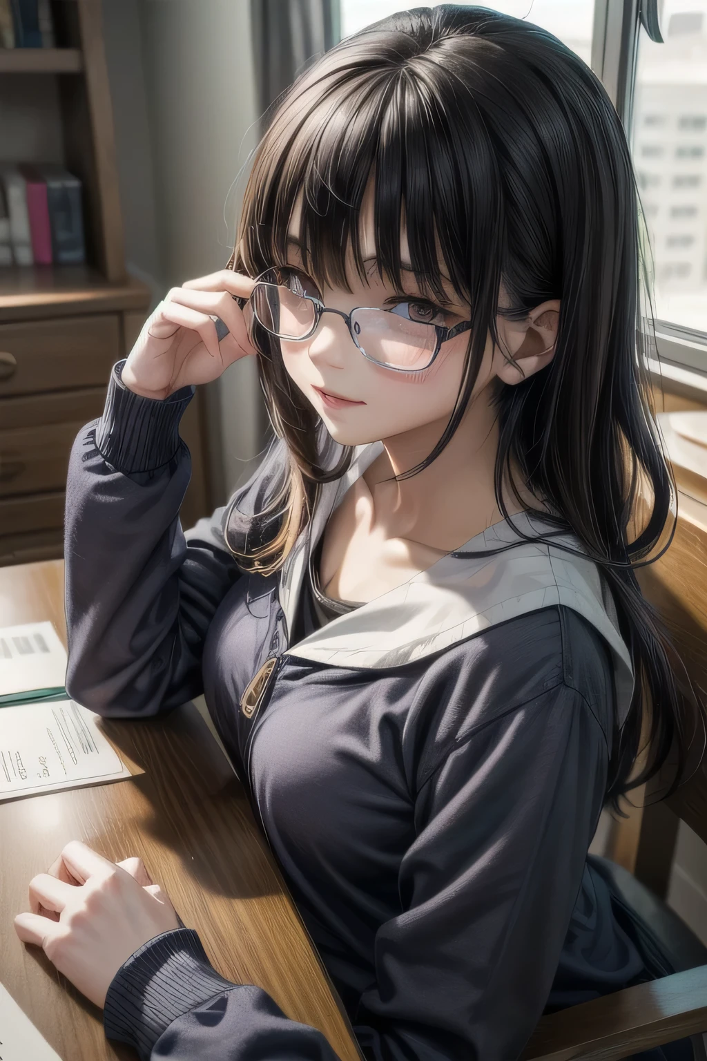 (Tabletop:1.0), (highest quality:1.4), (High resolution:1.2), From the side,Sharp contours,  boyish, highest quality, masterpiece,Glasses,Voice of the Heart,20-year-old woman,yandere,Big Breasts,Chest to chest,Lying face down,Upper Body,Ecstasy,saliva,blush,Squint your eyes,Heterochromia iridis,Tuck up your clothes,lure