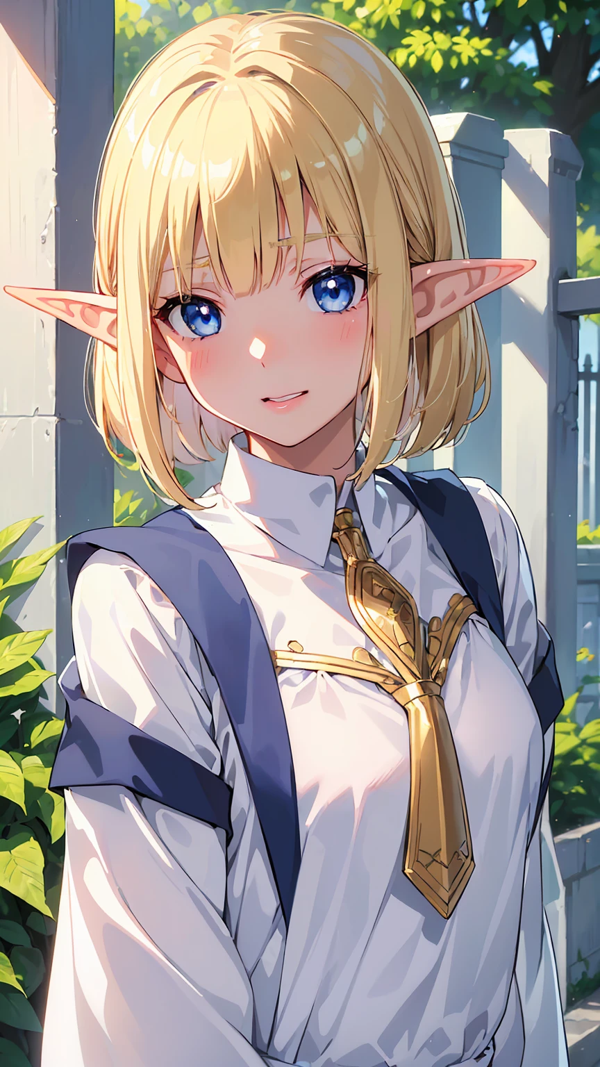 16k、masterpiece、High resolution、High resolution、((Mature Elf Woman))、((Shiny white skin))、((Beautiful blonde))、Bobcut、((Beautiful Blue Eyes))、((Long, narrow eyes))、((Pointy Ears))、Laughing with your mouth open、Pink Lip Gloss、blush、School Sailor Uniform、In front of the school gate、((Upper body close-up))
