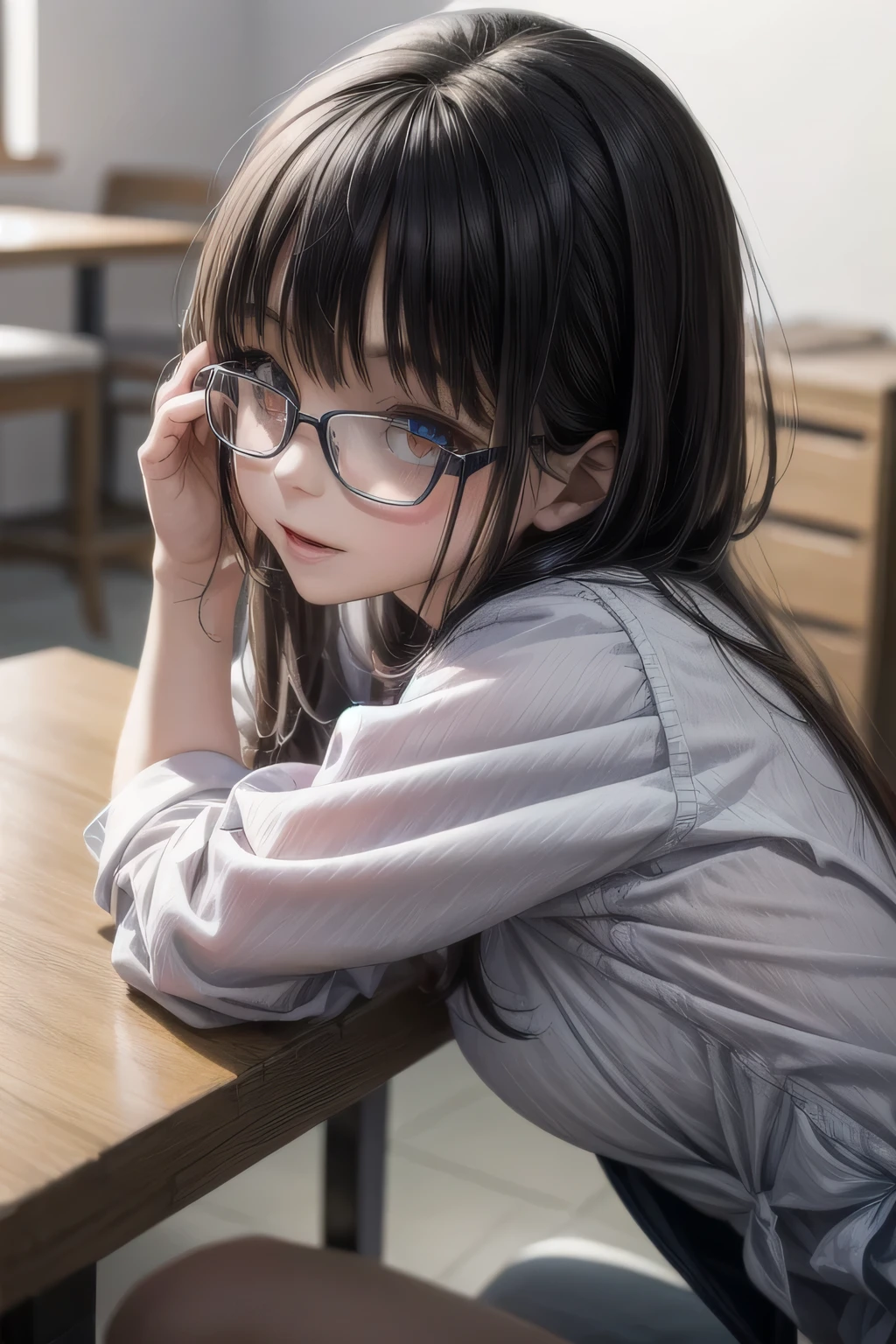 (Tabletop:1.0), (highest quality:1.4), (High resolution:1.2), From the side,Sharp contours, boyish, highest quality, masterpiece,Glasses,Voice of the Heart,20-year-old woman,yandere,Big Breasts,Chest to chest,Lying face down,Upper Body,Ecstasy,saliva,blush,Squint your eyes,Heterochromia iridis,Tuck up your clothes,lure