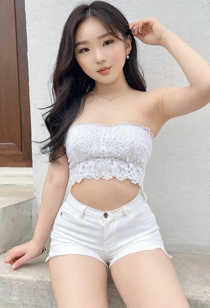 ((Best resolution)), ((high quality:1.2)), Work of art, 8k, extremely detailed, ((High detail:1.2)), (Hotlexi woman), Solo, 24 year old Korean Ulzzang female, (mini-shorts, crop strapless),