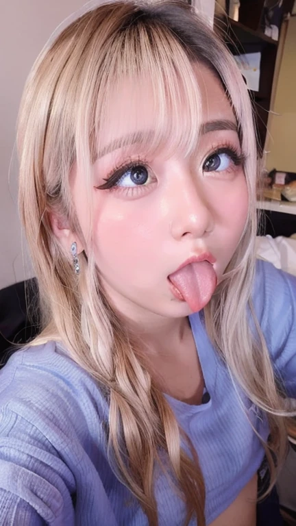 Japanese women, beautiful girl, Gal,Blonde、 , Realistic skin of the highest quality, Eyes are focused, 20-year-old, Sticking out tongue, Focus on the mouth, Open your mouth, Long Tongue, saliva, Open your mouth , You can see inside the mouth, Open your mouth  舌を突き出す, Realistic tongue