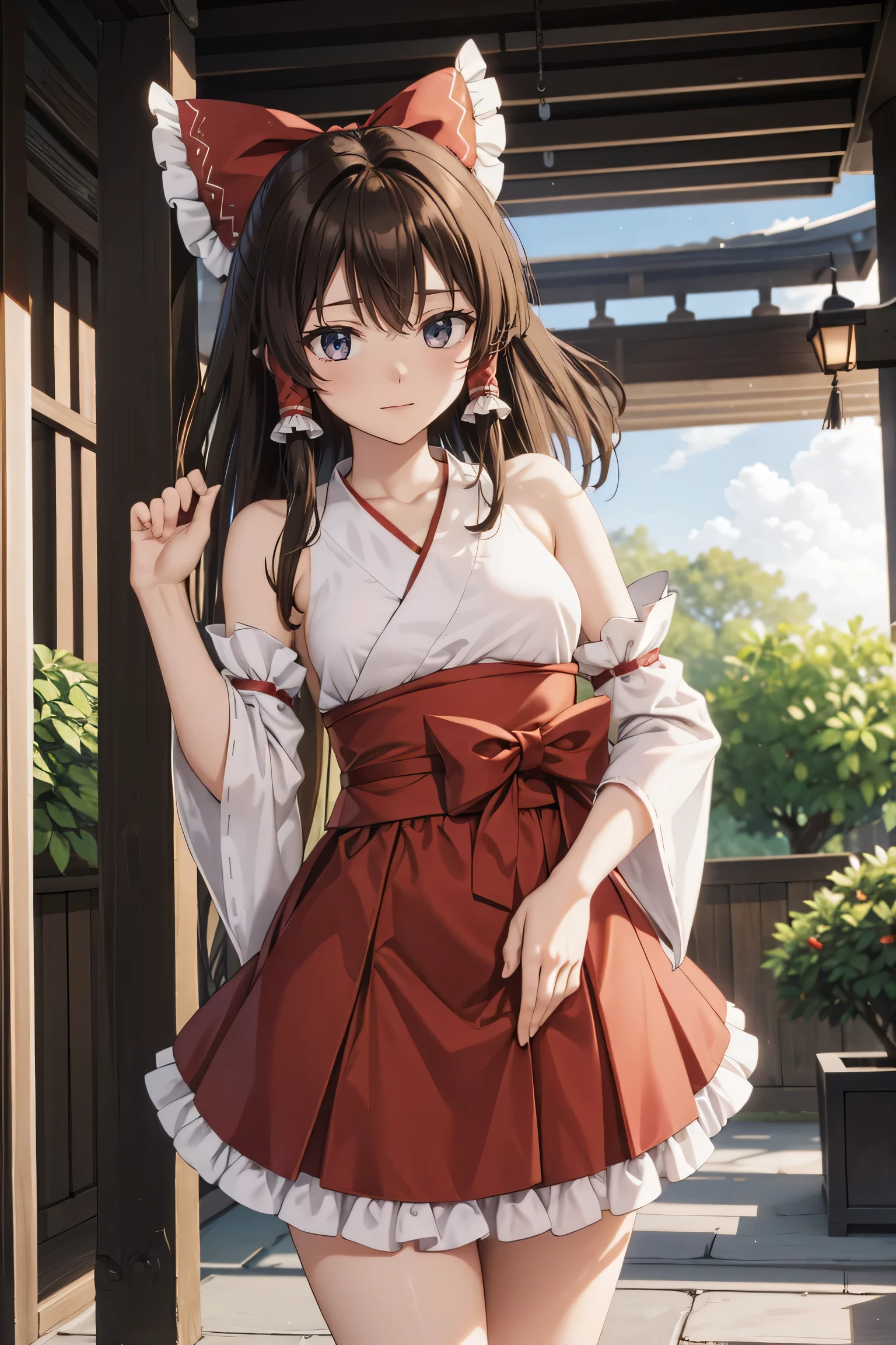 Reimu Hakurei, (Brown eyes:1.5), Brown Hair, bow, hair bow, Hair Tube, Long Hair, red bow, Side Lock,
Blake Ascot, Exposing shoulders,Removable sleeves, embellished costume, Frills, kimono, Non-traditional Shrine Maiden, Red Skirt, Sandals, sarashi, mini skirt, socks, White sleeves, white socks, Wide sleeves, (nsfw,Panty shot)
BREAK Watch Viewers,
Outdoor rest, shrine,Cowboy Shot,Smile Break (masterpiece:1.2), highest quality, High resolution, unity 8k wallpaper, (figure:0.8), (Beautiful fine details), Highly detailed face, Perfect lighting, Highly detailed CG, (Perfect hands, Perfect Anatomy),Dynamic pose,