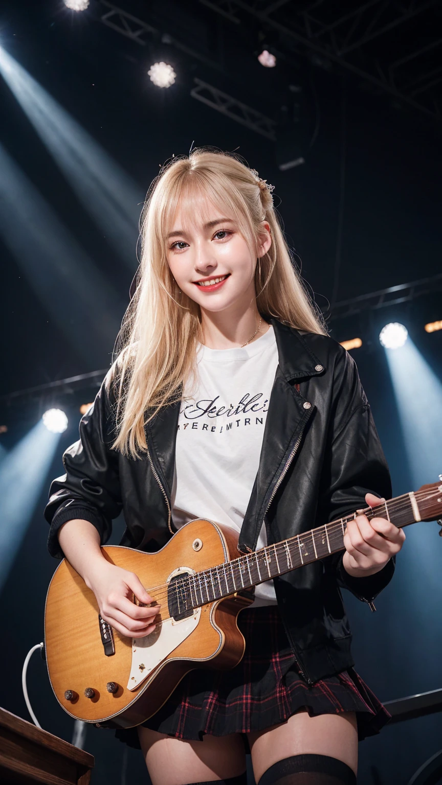 ((best quality)), photorealistic, photorealism, Photorealistic, high resolution, black jacket、 white t shirt 、Red checked knee-length skirt、Long skirt、JK Style、Jacket、smile、Knee-high socks、Thigh-high socks、pantyhose、A superb beauty、Super cute、ennui、Rare beauty、pony tail hair、Black Dark Eyeshadow、Sad、white skin、pale skin、pony tail hair、Dark Gothic Makeup、Cute Smile、Fragrant beauty、Stained glass background、Mastepiece、Best Quality、Refers to 5 books、Sweat glistening on my chest、Sweat glistening on my face、Small breasts、Blonde hair、Age 20 years old、Mysterious look、A sad expression、Blonde Hair、mysterious gothic church、enchanting castle、Sweating profusely all over the body、A lot of sweat and light on the thighs、Shiny thighs、Plenty of sweat glistening on the thighs、A large amount of sweat glistens on my thighs、Sweating profusely、Gal、Medium breasts、beautiful face、Alluring expression、Thin thighs、Playing electric guitar、I have an electric guitar、Sing a song enthusiastically、Playing guitar in a band、Playing guitar chords、Live House Background、Sing a song、Open your mouth、Live house scenery、Mike stand、Glamorous live stage、Dynamic Angle、cinematic lighting