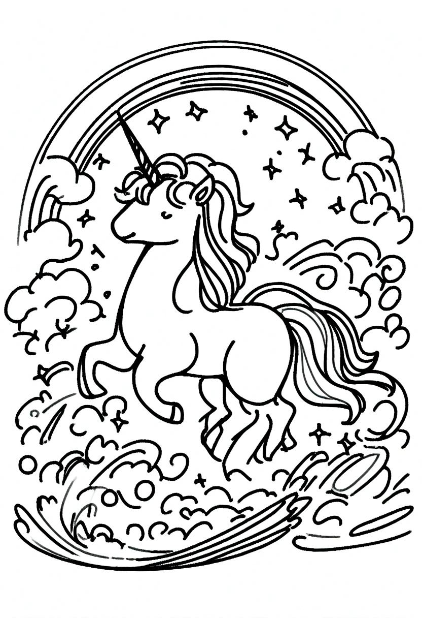 different unicorns surrounded by clouds and rainbows, coloring page for kids, line art, no color, white background