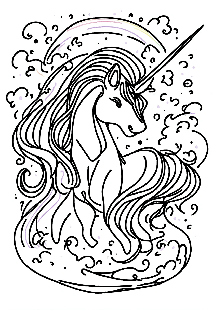 different unicorns surrounded by clouds and rainbows, coloring page for kids, line art, no color, white background