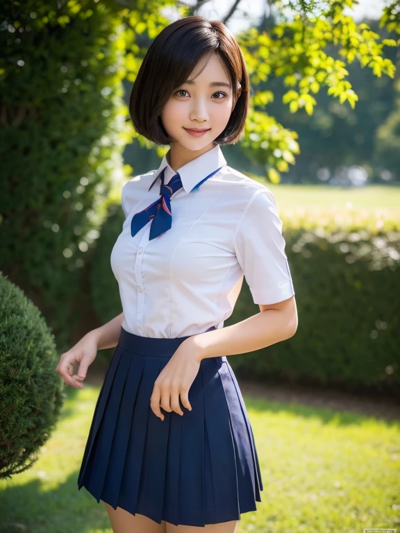 (RAW Photos:1.2), (Realistic:1.4), Beautiful detailed girl, Very detailed eyes and face, Beautiful details, Ridiculous, incredibly Ridiculous, Large file size, Very detailed, High resolution, Very detailed, highest quality, masterpiece, kemomimi, ((Japanese school girl uniform)), shape, Very detailed, CG, Unified, 8k wallpaper, wonderful, Fine details, masterpiece, highest quality, Very detailed CG uniform 8k wallpaper, Light on the face, Cinema Lighting, One Girl,Shy smile、Big Ass、full body shot、School Uniforms、Red tie、Dark blue pleated skirt、garden、There is nature、noon、Ample breasts、24-years-old、Short Hair、Short sleeve