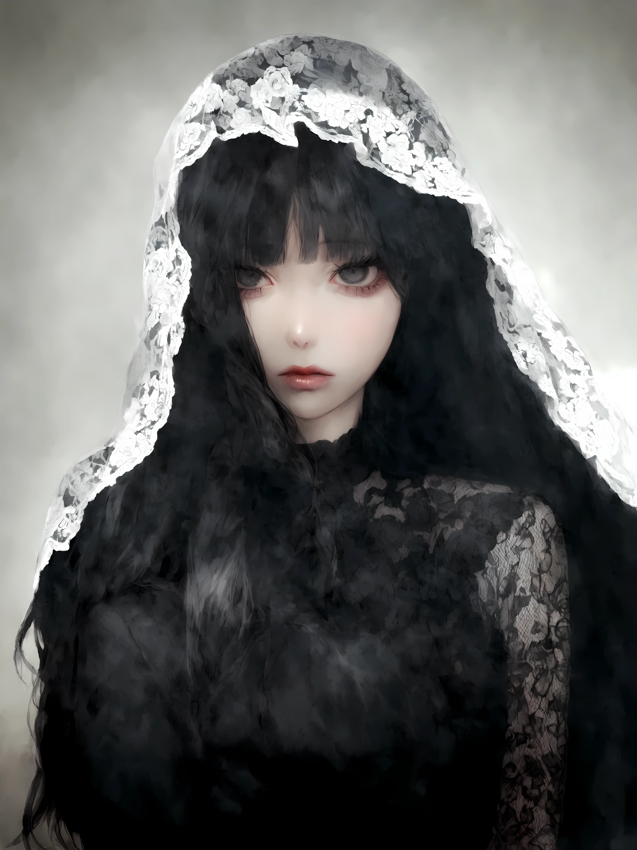 arafed woman with long black hair wearing a veil and black dress, ulzzang, she has black hair with bangs, cruel korean goth girl, pale young ghost girl, portrait of jossi of blackpink, funeral veil, black veil, with haunted eyes and dark hair, long white hair and bangs, iu lee ji-eun as a super villain