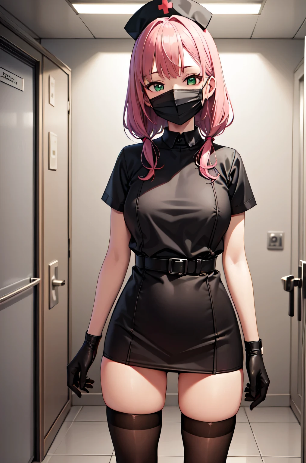 black nurse, 1girl, solo, black nurse cap, black nurse uniform, ((black legwear, zettai ryouiki)), black elbow gloves, pink hair, green eyes, drooping eyes, ((black surgical mask, covered nose)), standing, ((surgery room)), sharp outline, short sleeves, best quality, masterpiece