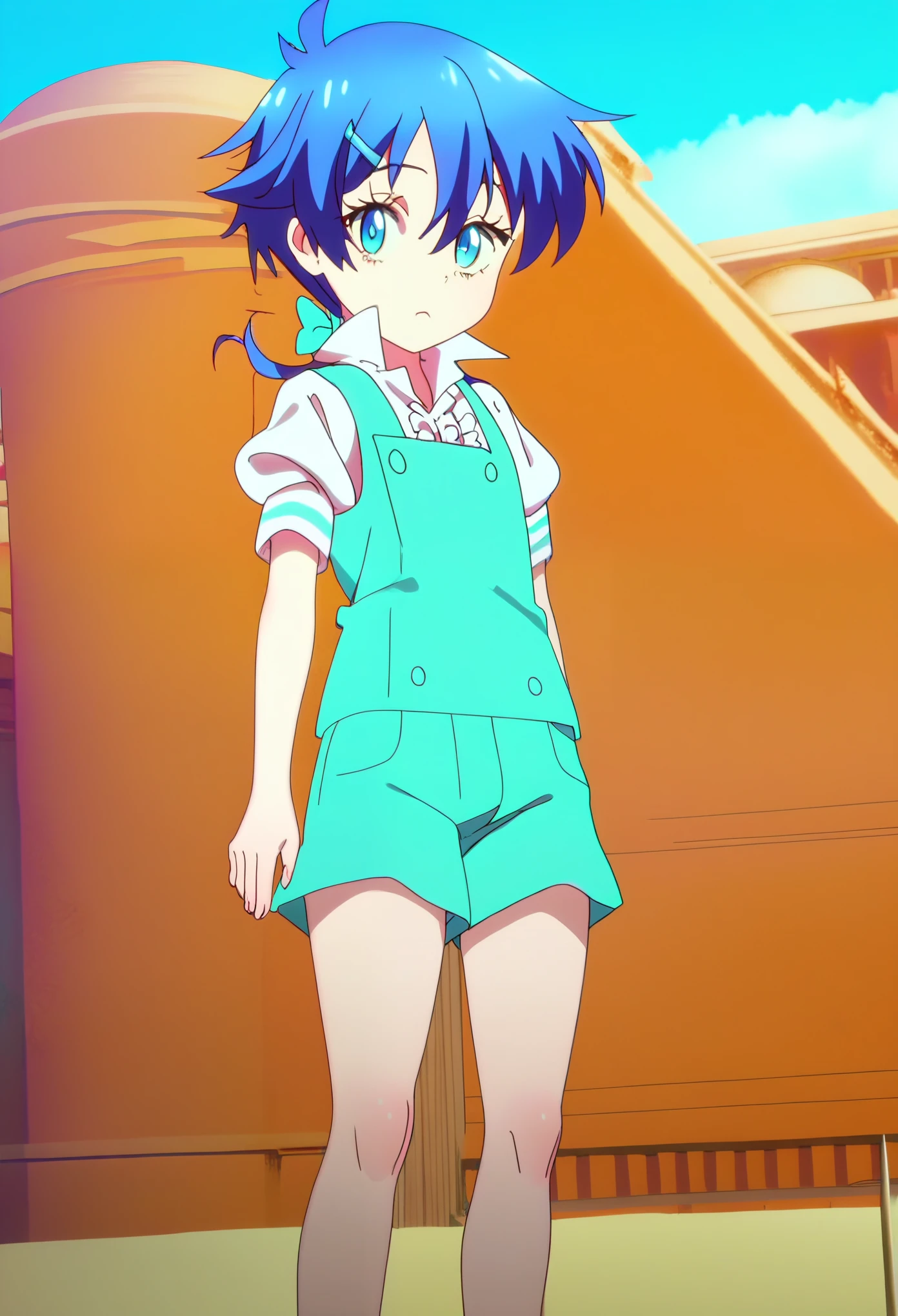 rating_all, score_9, score_8_up,score_7_up, source_anime, flat colors, flat shadows, anime screencap, Lloyd, looking on viewer, white shirt, short sleeves, puffy sleeves, buttons, green skirt, green shorts, low ponytail, standing, outdoor, in palace,