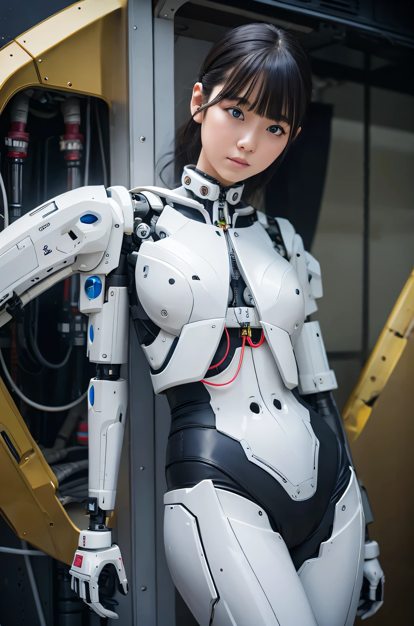 masterpiece, Best Quality, Extremely detailed,  8K portrait,Japaese android woman,Plump,control panels,android,Droid,Mechanical Hand, ,Robot arms and legs, Black hair,Mechanical body,Blunt bangs,White Robotics Parts,perfect robot woman,Charging spot,Long Tube,A thick cable was connected to her neck,ceramic body ,Mechanical body, mechanical ear covers,android,robot humanoid,a bit chubby,panty,She is exhibits,perfect mechanical body,white robotics body,future laboratory,blue eyes