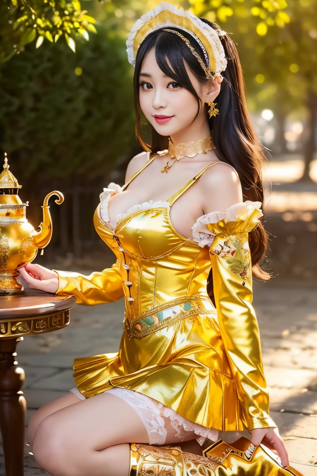 nsfw, sexy golden Thai princess, only 1 female, ((doll-like appearance)), short fuchsia stylish hair, ((shiny Victorian-Style boots)), (big smile), ultra detailed eyes, vivid golden eye makeup, lipgloss, long lashes, defined eyebrows, ((sexy golden Paradise Kiss cosplay)), bell-shaped skirt, petticoats, high neckline, puffed sleeves, ((ultra detailed golden lace)), ((ultra detailed golden embroidery)), intricate details, golden Paradise Kiss accessoires and matching golden headpiece, golden choker, ((large sparkling golden Paradise Kiss jewelry)), cinematic light, detailed large park background with trees