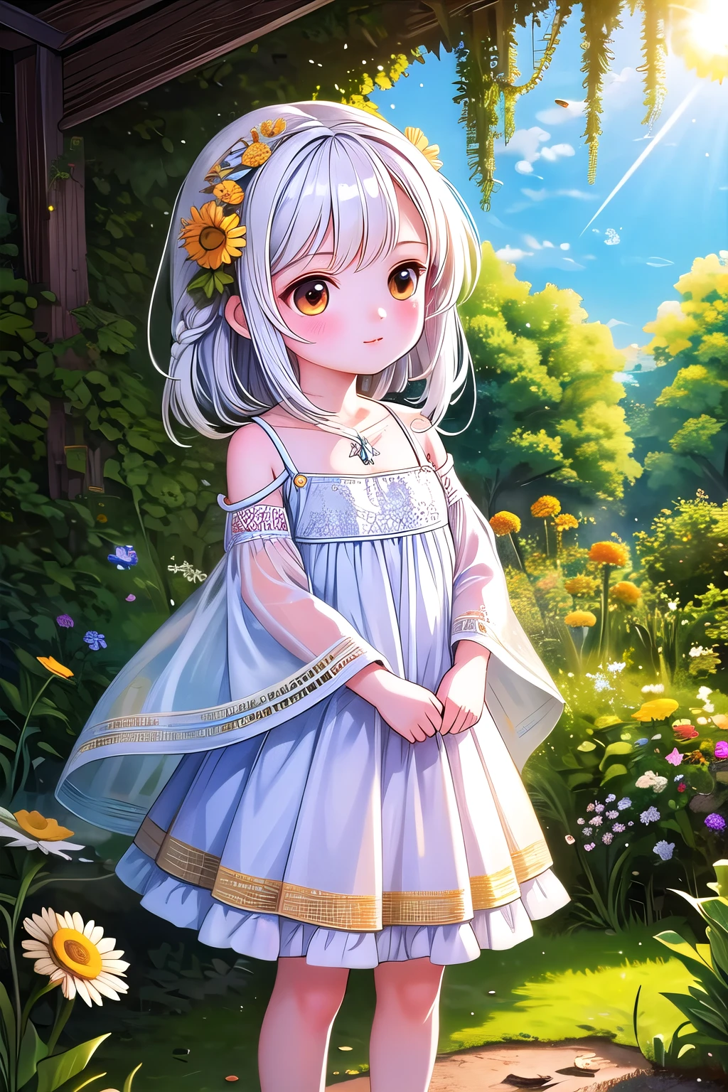 (masterpiece),(best quality),illustration,ultra detailed,hdr,Depth of field,(colorful),****,yellow theme,the setting sun,Chamomile,Chamomile,cornflower,vines,forest,ruins,lens flare,hdr,Tyndall effect,damp,wet,1girl,bare shoulders,broken glass,broken wall,white hair,white dress,closed mouth,constel lation,flat color,braid,blinking,white robe,float,closed mouth,constel lation,flat color,looking up,standing,medium hair,standing,solo, , , , ,