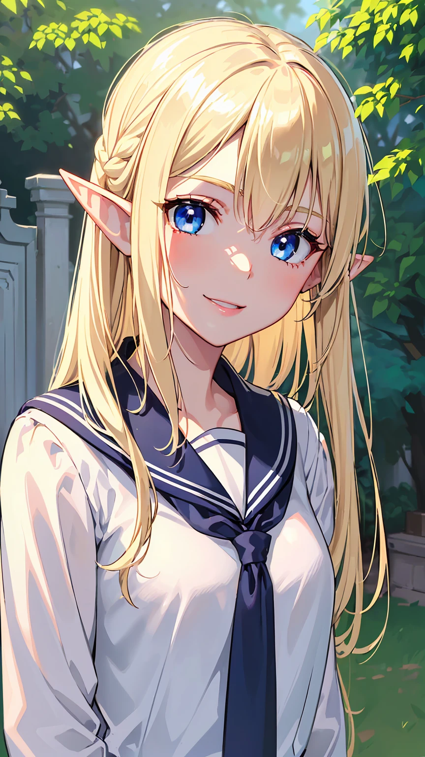 16k、masterpiece、High resolution、High resolution、((Mature Elf Woman))、((Shiny white skin))、((Beautiful blonde))、Tied up hair、((Beautiful Blue Eyes))、((Long, narrow eyes))、((Pointy Ears))、A cheerful smile、Pink Lip Gloss、School Sailor Uniform、In front of the school gate、((Upper body close-up))