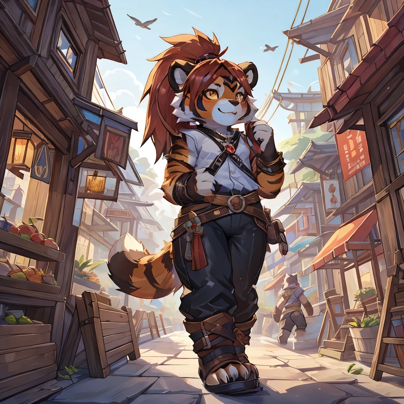 4fingers, small_round_ears, small_panda_ears, pandaren, world_of_warcraft, furry, anthropomorphic, fluffy_tail, foxtail, cfemale, claws, red_panda, tiger_stripes, tiger_face, flat_chested, shortstacK, amber_eyes, simple clothing, detailed_eyes, detailed_face, four_fingers, white_outer_ears, brown_inner_ears, long ponytail, in a city, plain white shirt, leather pants, leather shoes, three toes, no jewelry