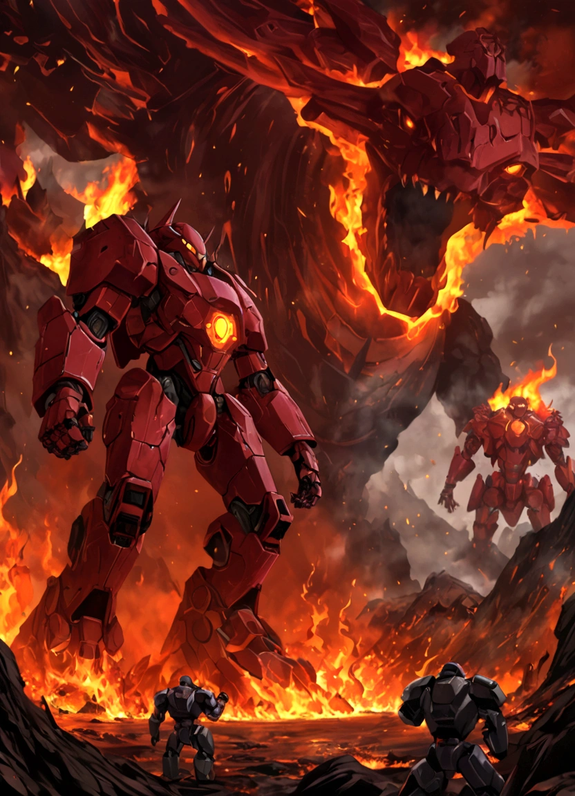 super robot, Evil villains, giant robots that destroy the world, red demonic mecha with flames, fire golem creature, destructive colossal mecha as background, lava mecha, fire elemental, mecha vore art epic digital painting, epic full color illustration, background artwork