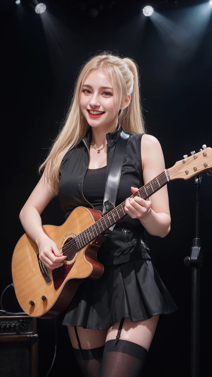 ((best quality)), photorealistic, photorealism, Photorealistic, high resolution, black jacket、 white t shirt 、Red checked knee-length skirt、Long skirt、JK Style、Jacket、smile、Knee-high socks、Thigh-high socks、pantyhose、A superb beauty、Super cute、ennui、Rare beauty、pony tail hair、Black Dark Eyeshadow、Sad、white skin、pale skin、pony tail hair、Dark Gothic Makeup、Cute Smile、Fragrant beauty、Stained glass background、Mastepiece、Best Quality、Refers to 5 books、Sweat glistening on my chest、Sweat glistening on my face、Small breasts、Blonde hair、Age 20 years old、Mysterious look、A sad expression、Blonde Hair、mysterious gothic church、enchanting castle、Sweating profusely all over the body、A lot of sweat and light on the thighs、Shiny thighs、Plenty of sweat glistening on the thighs、A large amount of sweat glistens on my thighs、Sweating profusely、Gal、Medium breasts、beautiful face、Alluring expression、Thin thighs、Playing electric guitar、I have an electric guitar、Sing a song enthusiastically、Playing guitar in a band、Playing guitar chords、Live House Background、Sing a song、Open your mouth、Live house scenery、Mike stand、Glamorous live stage、Dynamic Angle、cinematic lighting