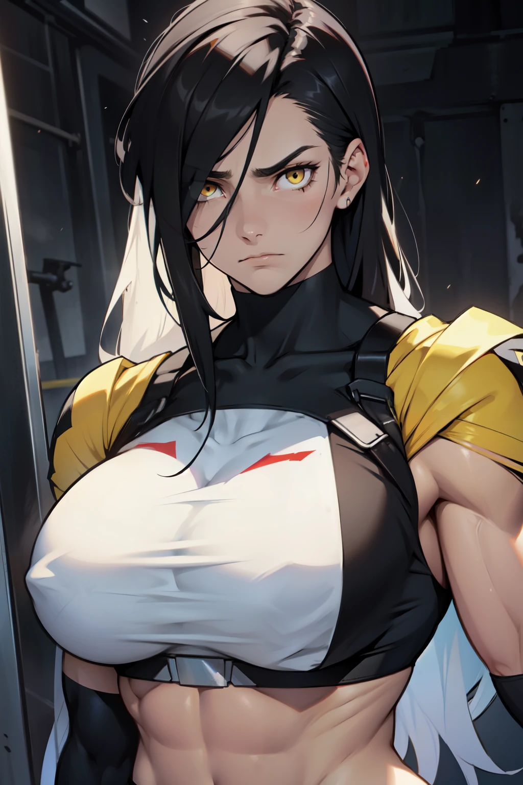 ((two-toned hair)) extremely long hair pale skin girl black hair yellow eyes solo ((muscular toned body)) huge breasts sad frown