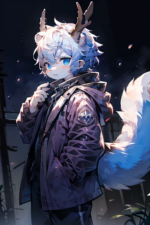 polar bear，blue eyes，antlers，Long Tail，A fierce look，Big trench coat，