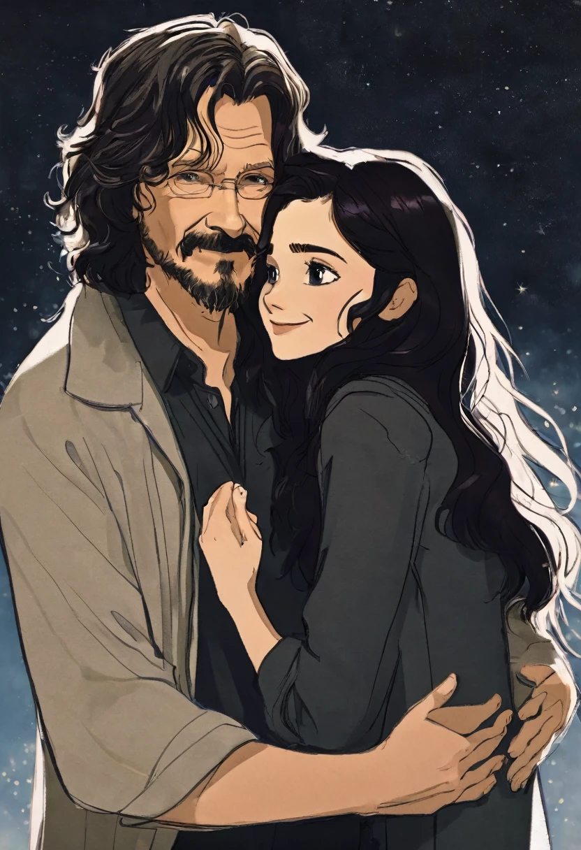 A dark haired teenager girl hugged Sirius Black after he can from Azkaban . He is her Dad . He is so happy to see her after 6 Years