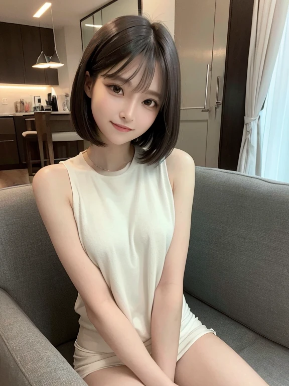 highest quality, 超A high resolution, (Realistic:1.4), One Girl, High nose bridge, short hair, (Outside Bounce), drooping bangs, Flat Chest, smile, (True Face), (27 years old:1.5), Face Focus,Brown Hair,Inside the room,Balcony,casual,clavicle