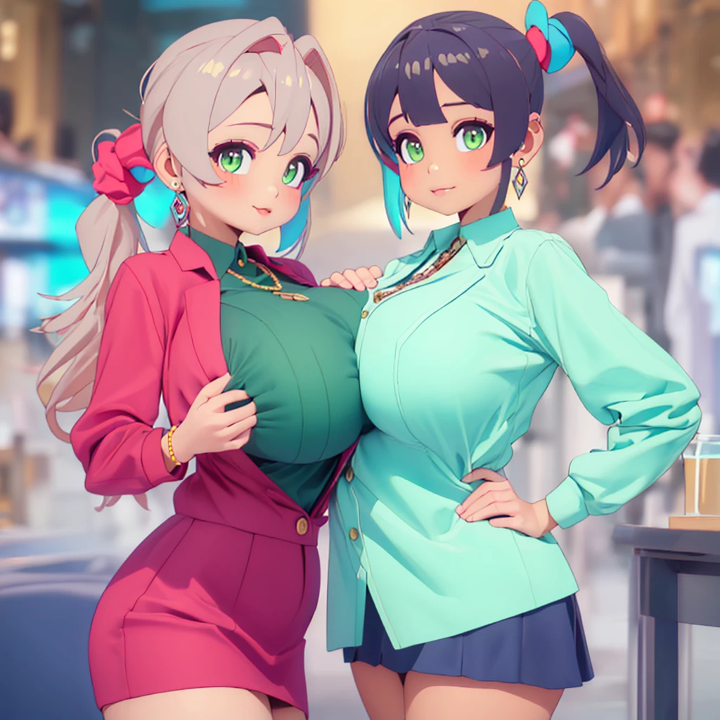 (ultra realistic,32k, masterpiece:1.1),(high detailed skin:1.1), 8k uhd, dslr, high quality, (thick\lips\), 30 year old
aakaede,two-tone hair,side ponytail,sidelocks,hair scrunchie,gyaru,earrings,necklace,breasts,,red bowtie,collared shirt, green shirt,long sleeves,bracelet,blue skirt,, grope , (huge breast:1.2),
(looking at viewer, Bend forward:1.1),
,(dark bioluminiscent:1.1),