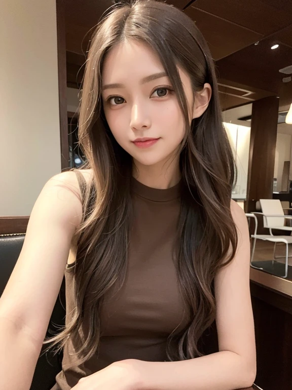 masterpiece, highest quality, High resolution,alone,Brown,artistic,Best lighting,Casual clothing,Flat Chest,Beautiful Face,expensive,smile,light makeup,Age 26,Calm woman,Detailed Hair,Laughing woman,Face Focus,Wavy Hair,Very white skin,Thin eyebrows,Woman sitting on chair,indoor,Woman in sleeveless