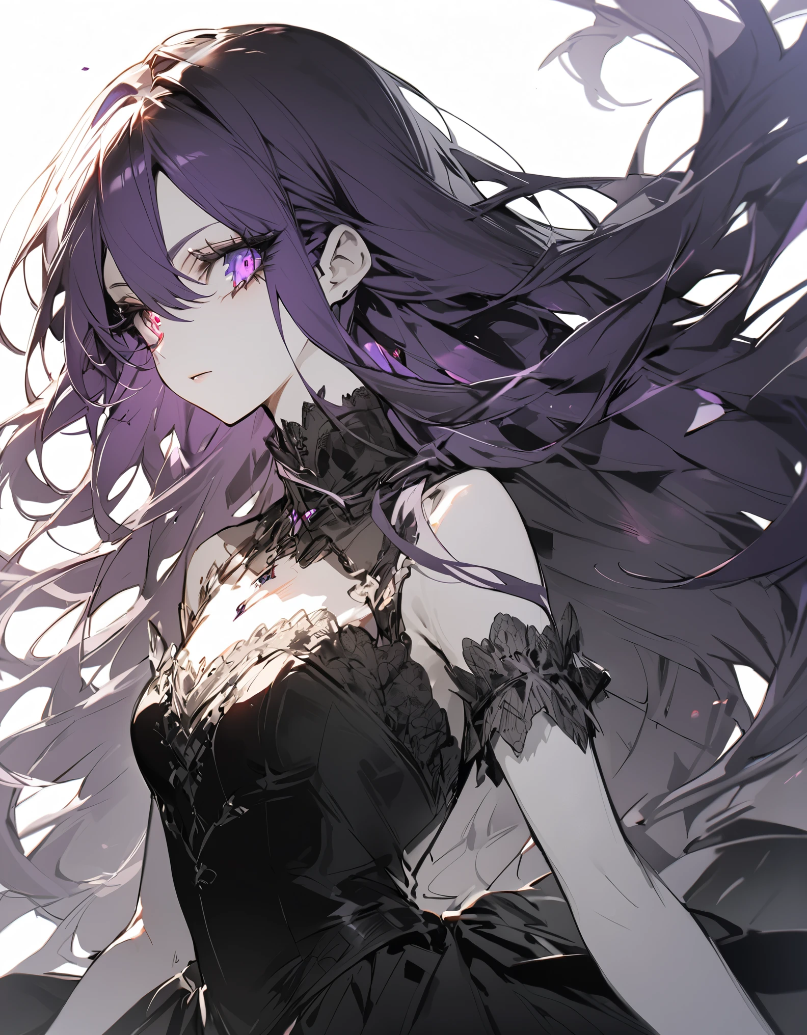 (Sketches)One girl fighting, ,Beautiful and fine details, Pale red eyes, Princess Dress, Glowing Skin, High Contrast, ((Mastepiece, highest quality))Long purple hair(Semi-long hair:1.4)(eye shadow:1.3)(Eyelashes:1.2)Original Costume(fringe)(More about the Strand), (White Background)
