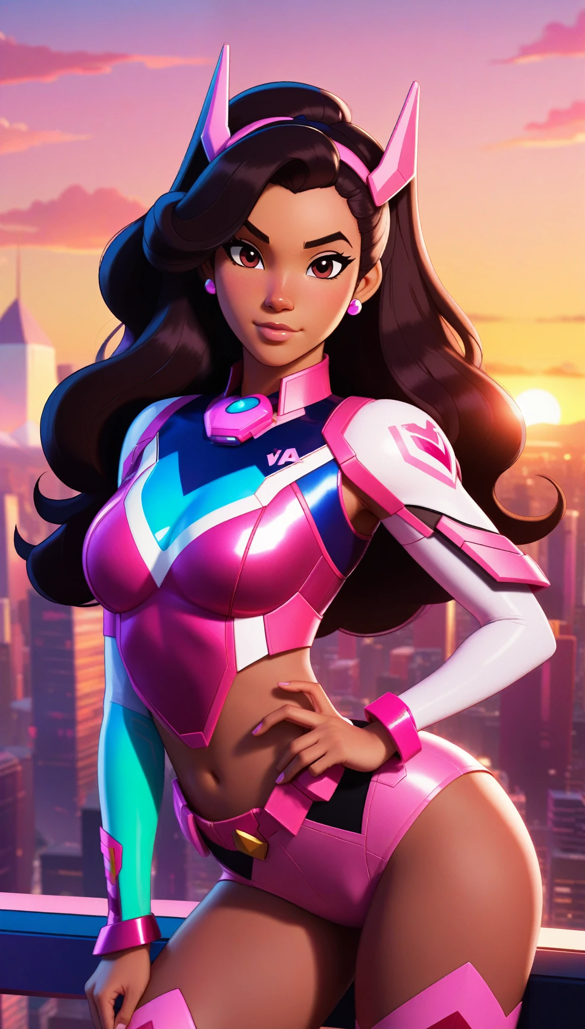 ((stevonnie steven universe and d.va merged:1.3)), merged, sexy, half body, metropolitan background, sunset, sexy attire, (high quality), (masterpiece), negative_hand