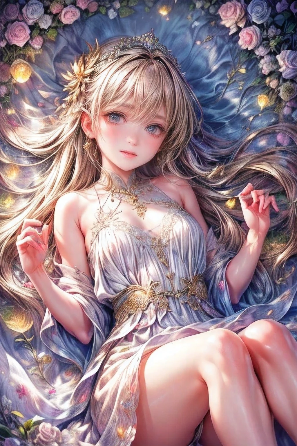 fantasic illustration, masterpiece:1.2, highest quality, highres, 16k, beautiful detailed, ultra-realistic, photo realistic:1.37,  young girl, beautiful cute 
firefly spirit princess, lying back in meadow lake, growing golden eyes, shining pupils, blushed cheek, shiny rosy lips, beautiful delicate(hair, face, eyes, pupils, dress), random posing