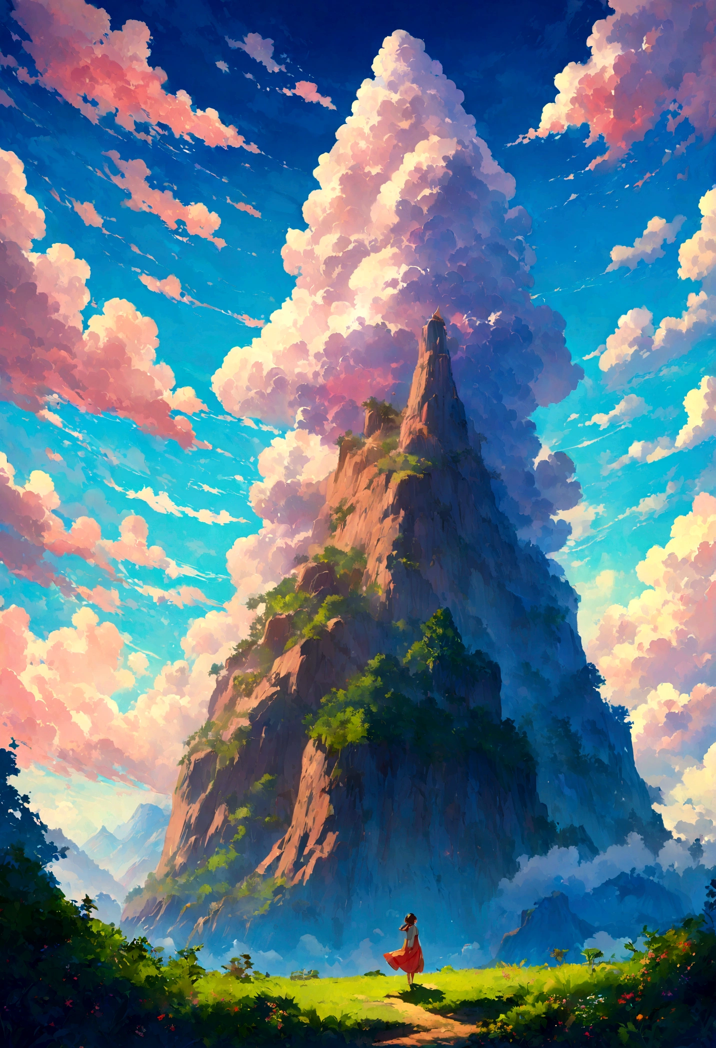 Digital painting, vast cloudscape, towering mountains, person standing on rock, looking at clouds, lush greenery, bright blue sky, dramatic lighting, serene and awe-inspiring, Studio Ghibli inspired, detailed, vibrant colors, sense of scale, whimsical atmosphere.