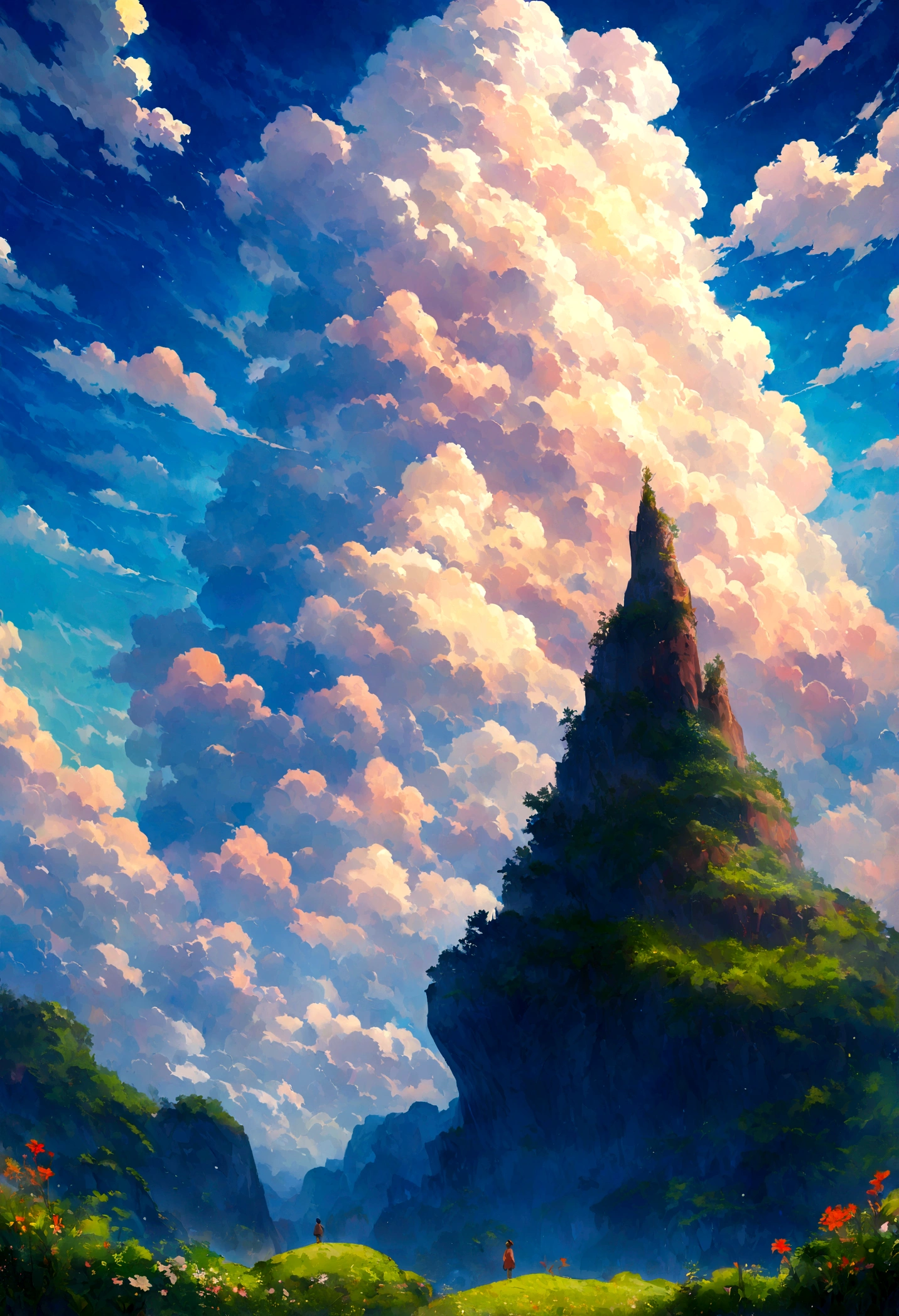 Digital painting, vast cloudscape, towering mountains, person standing on rock, looking at clouds, lush greenery, bright blue sky, dramatic lighting, serene and awe-inspiring, Studio Ghibli inspired, detailed, vibrant colors, sense of scale, whimsical atmosphere.