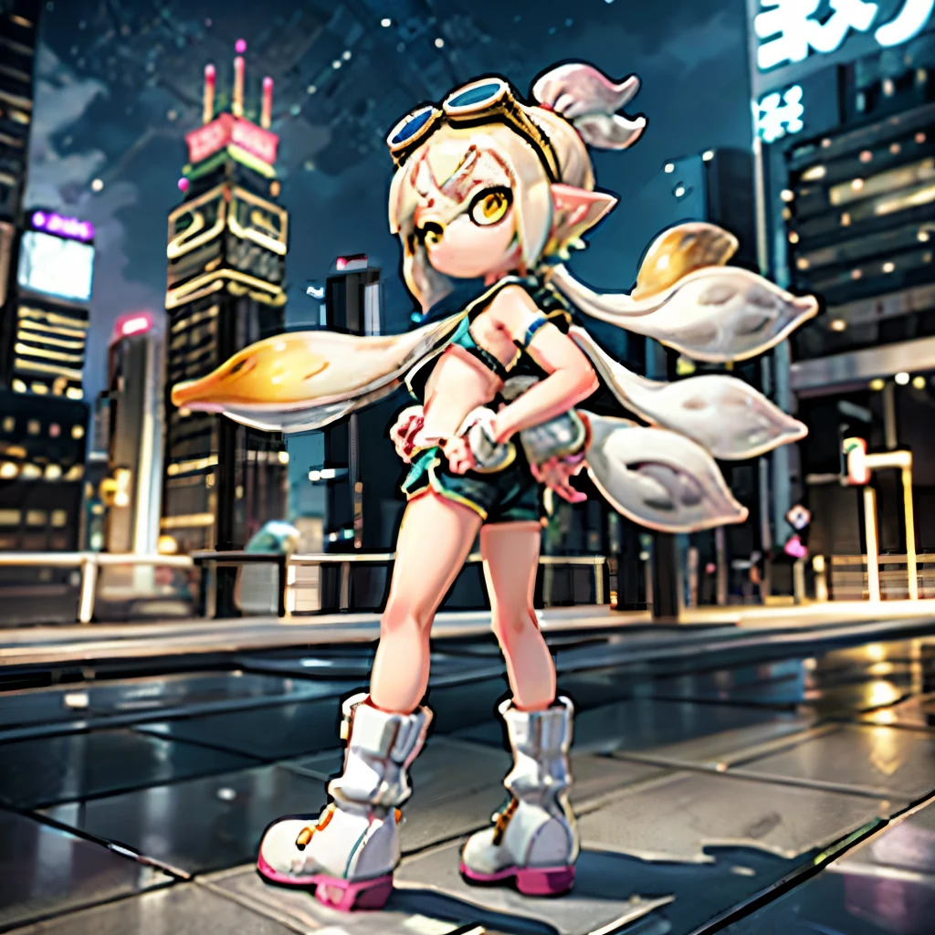 masterpiece、highest quality、High resolution,Real Anime、3D、From above, One Splatoon woman, solo,  signboard, Golden Eyes, White tentacle hair, Short bob tentacle hair,  gigantic breast、built, City Night, 曇りの灰色のnull, goggles, Shorts、boots, crane \(mechanical\), Dutch Angle, From the side, Slight frown, Look at the viewers, Outdoor, On the roof, null, Skyscraper