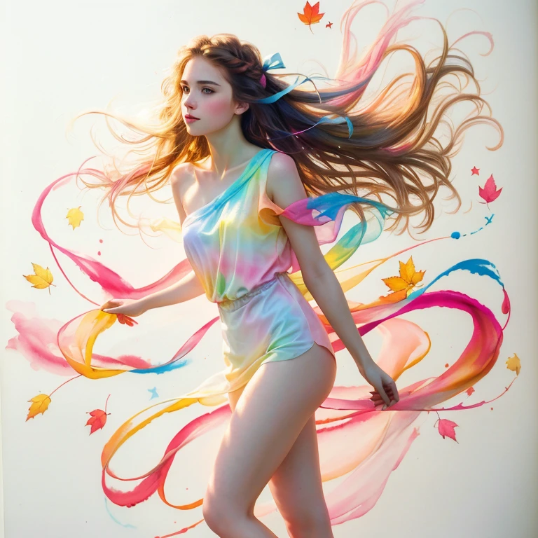 (8k, best quality, masterpiece:1.2),(best quality:1.0), (ultra highres:1.0), pencil colors, a beautiful woman, shoulder, hair ribbons, by agnes cecile, full body portrait, extremely luminous bright design, pastel colors, (ink:1.3), autumn lights, full body