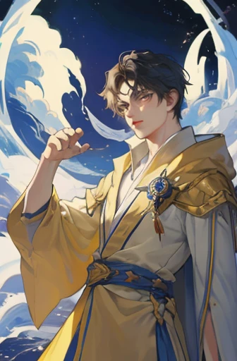 Dark Wizard, 20-year-old male, young, sexy, Subjective and sensual poses. magic circle background. space magic, Floating, wave fist,Wearing a robe,Large lunar crater in the background,comet