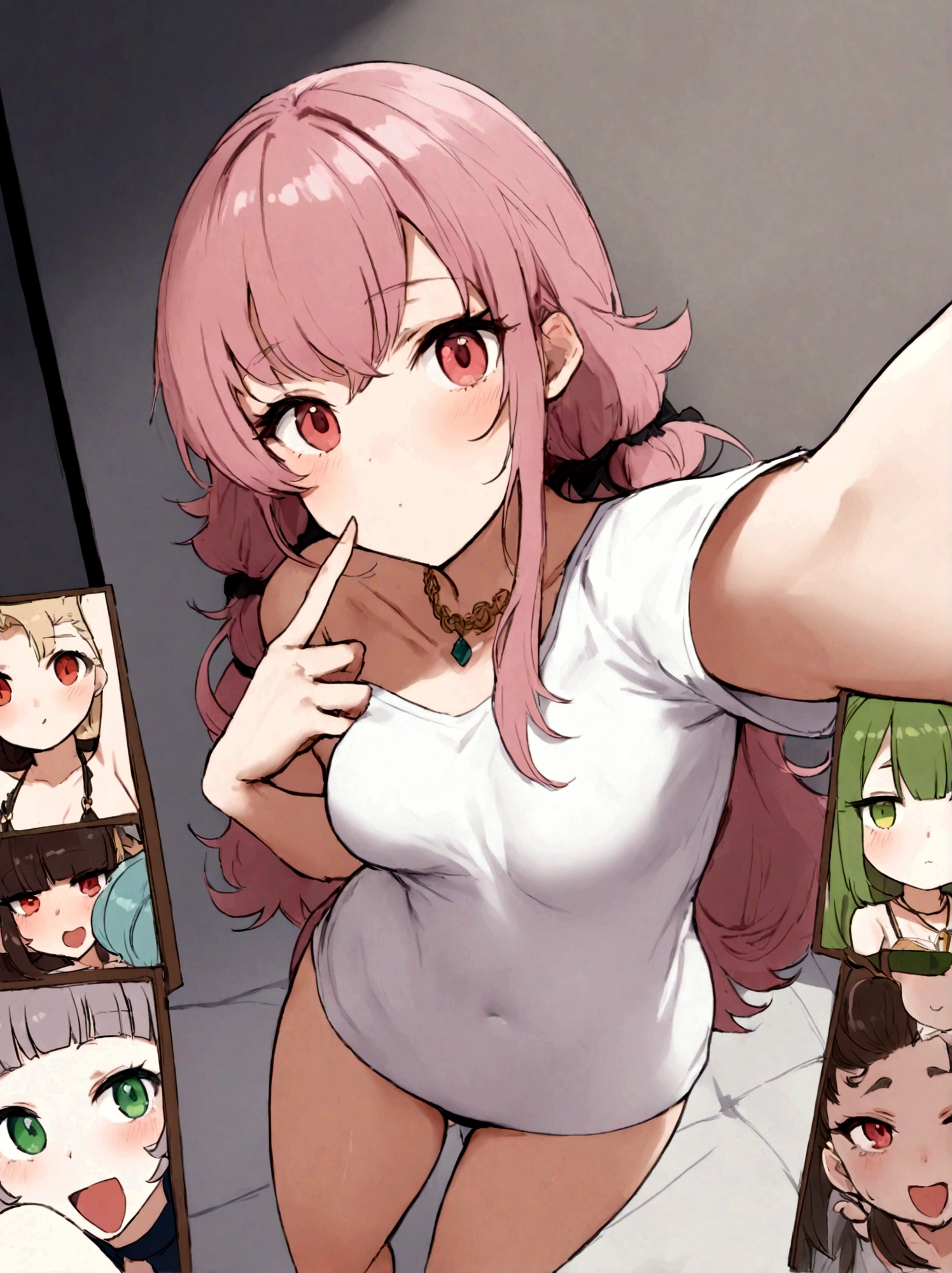 Femme Arafed en T-shirt blanc et collier, fille sexy aux yeux verts, cheveux bruns et grands yeux, selfie d'une jeune femme, Yeux de chambre, violette myers, pas de maquillage, maquillage naturel, regarder directement la caméra, Visage avec Artgram, maquillage fin, Superbe plan complet, yeux verts perçants, Bel angle, pose attrayante, douce fille, pose sexy, Image pleine longueur, complet - corps, Prise de vue du corps entier, Brown Goddess, high detail, Posture satisfaite,