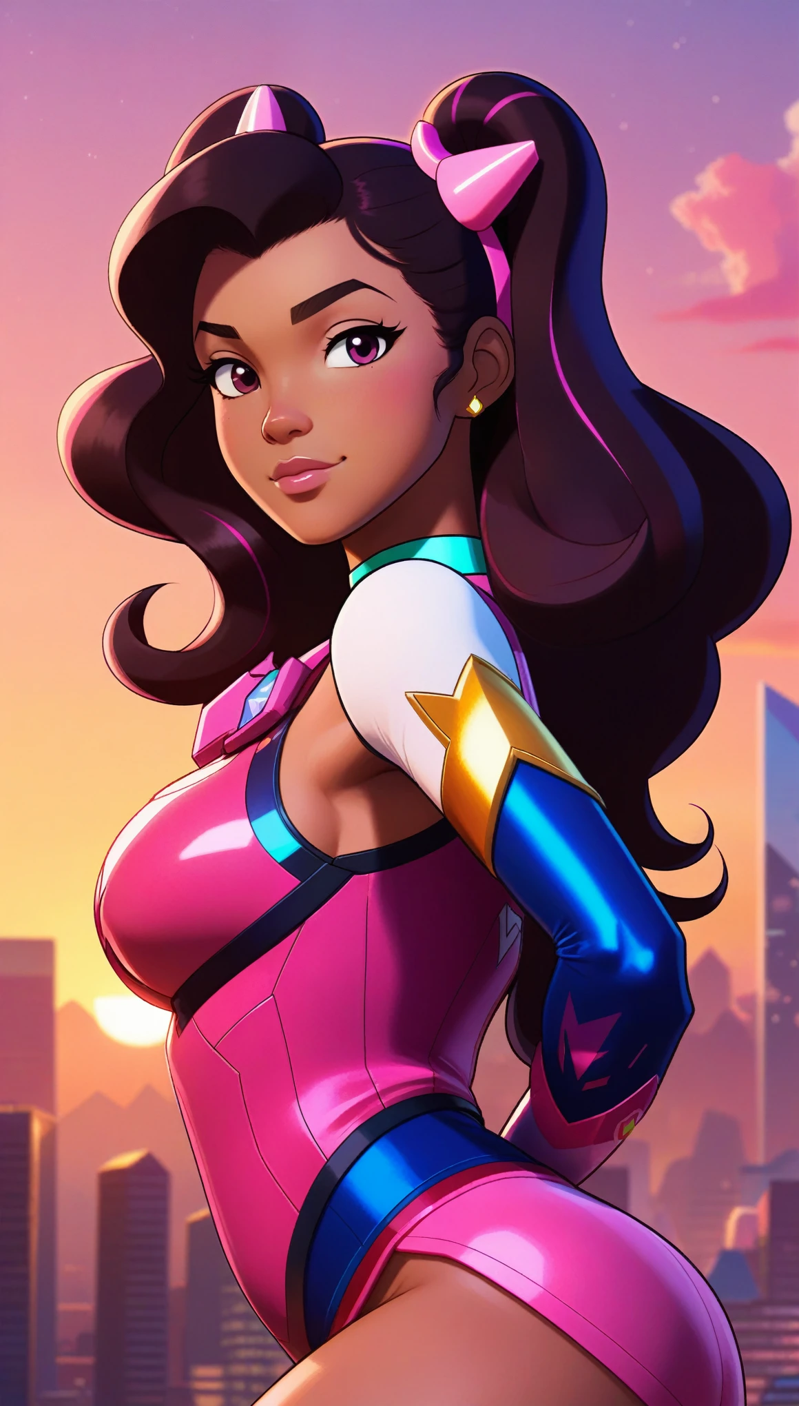 ((stevonnie steven universe and d.va merged:1.3)), merged, sexy, half body, metropolitan background, sunset, sexy attire, (high quality), (masterpiece), negative_hand