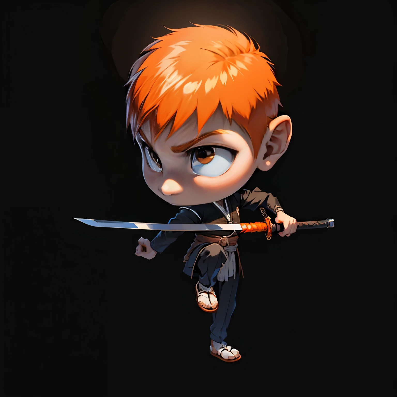 Boys, Full body, Serious face, brown eyes, ((orange hair)), medium length hair, wearing black samurai kimono, black shoe, holding samurai swords, levitate on sky, blue sky, cloud, various sides view