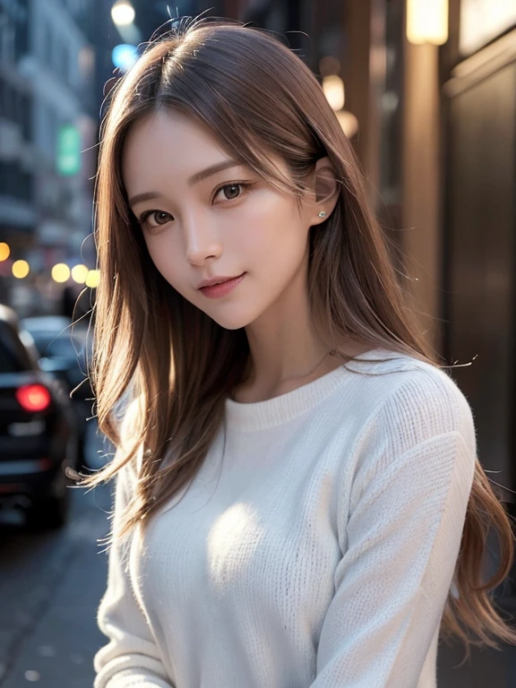 masterpiece, highest quality, High resolution,alone,Brown,artistic,Best lighting,Casual clothing,Flat Chest,Beautiful Face,expensive,smile,light makeup,Age 26,Calm woman,Detailed Hair,Laughing woman,Face Focus,Wavy Hair,Very white skin,Thin eyebrows,Woman wearing a jacket,outside,night,Background Bokashi,illumination