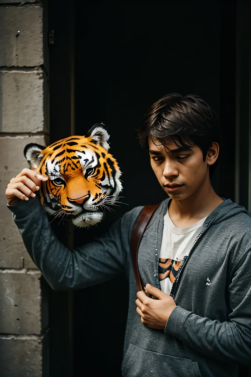 A alone sad boyholding a tiger mask