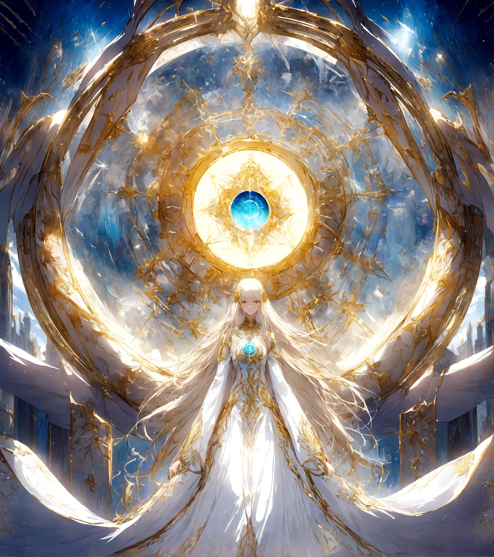 Vision of the New Jerusalem descending from heaven as described in Revelation, radiant, ethereal, futuristic.