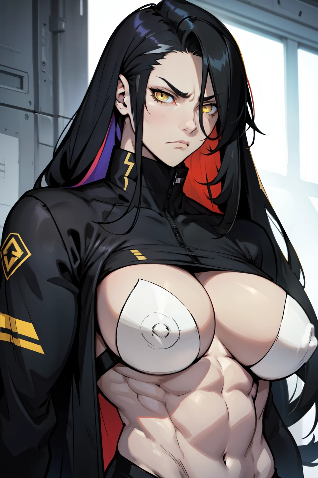 (((two-toned hair))) extremely long hair pale skin girl black hair yellow eyes solo ((muscular toned body)) huge breasts sad frown