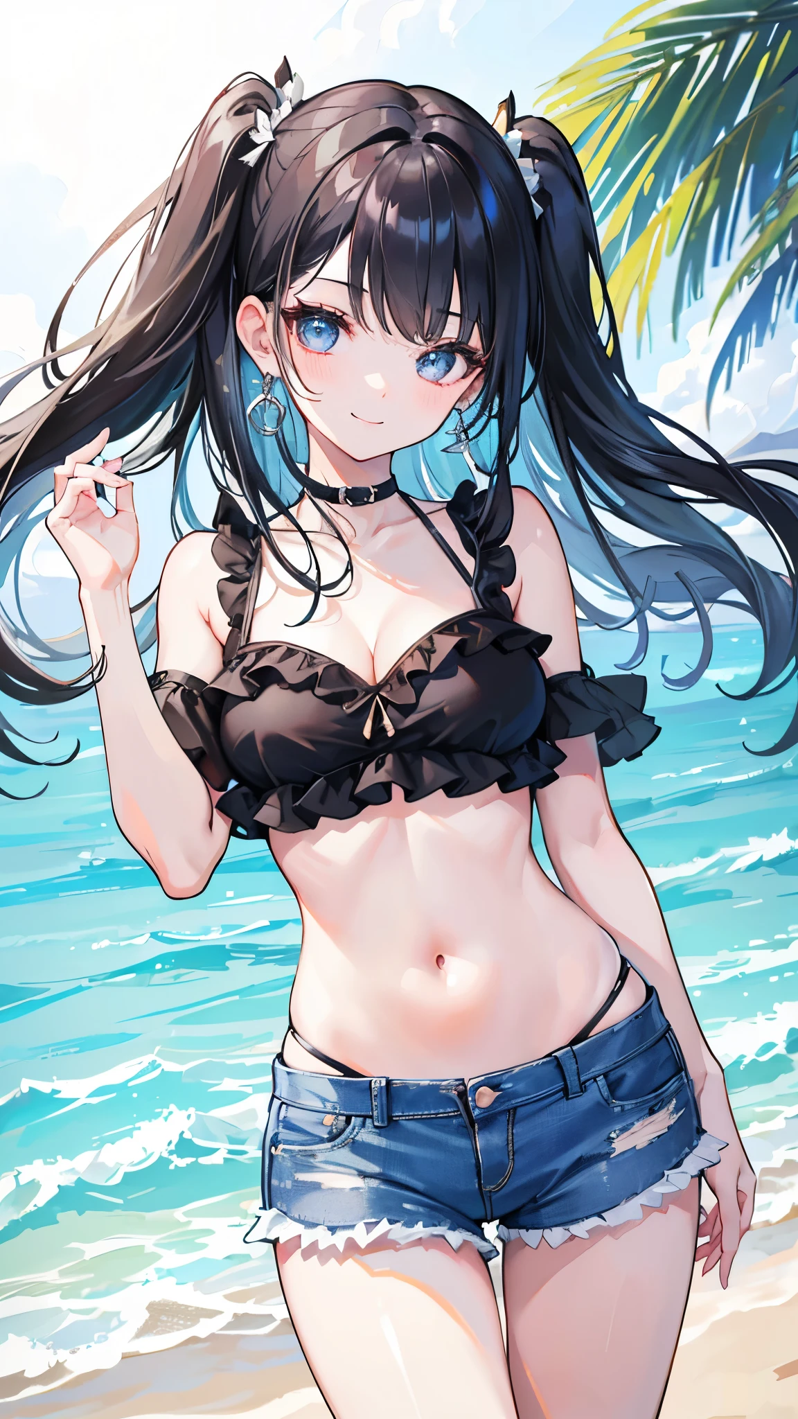 female, skinny, narrow waist, medium breasts, curly black hair, straw hat, tan skin, black bikini, denim shorts, underboob, cowboy shot, high quality, sleeveless, bare arms