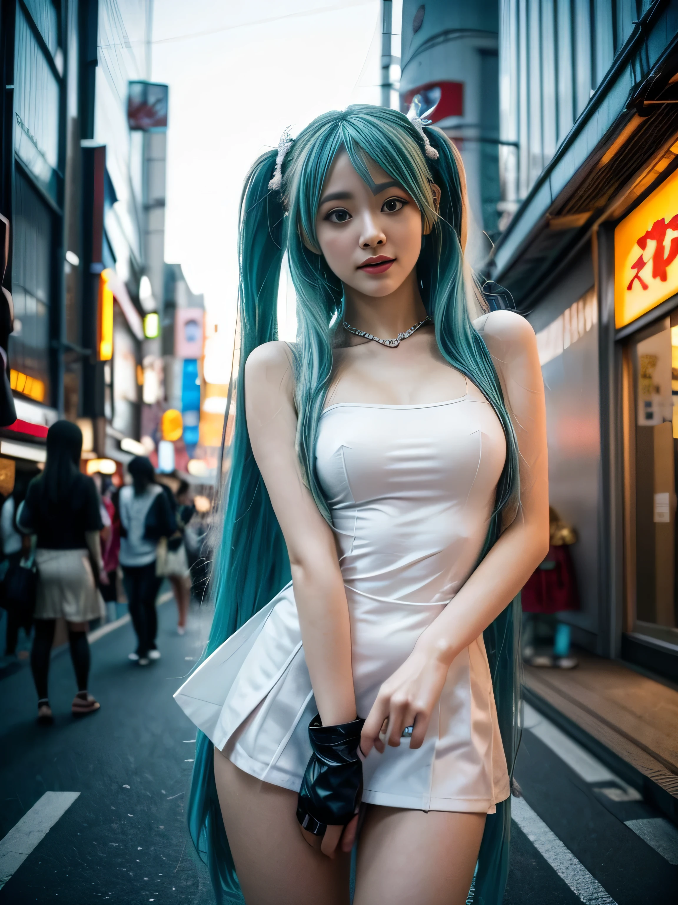 19 year old ???，big round breasts, Grande Ariana, chica anime role play, anime role play, (Hatsune MikuCosplay:1.4) , foto de role play, two white tails_Gloves, role play, Cute anime waifu wearing beautiful clothes, Anime long hair girl, anime goddess, role play elegante y glamoroso, Anime girl dressed as maid more detail 8K.Unreal Engine:1.4,Ultra HD,La best quality:1.4, Realistic:1.4, Texture:1.4, masterpiece:1.8,masterpiece, best quality,Object Object], (Facial features are detailed:1.3),(Correct proportions),(Beautiful blue eyes),  (Cowboy pose), ,( Cyberpunk 2.1), (Background city Tokyo :1.4),( Hand Details:1.4),( Perfect anatomical structure)