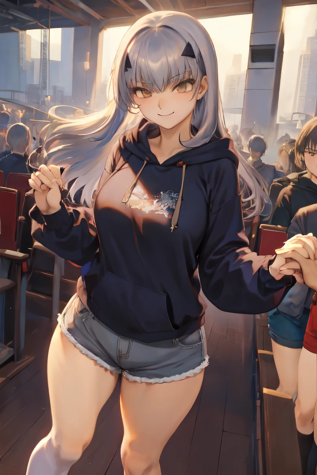 masterpiece, highest quality, 1 person,( Large Breasts,Blue hoodie, Are standing, View Audience,Dolphin Shorts,),Detailed Background、A person who writes in detail、Accurate human body、Knowledgeable person、Five correct answers、Mature Woman,Thighsが太い,cruvy body,Melusine, (Brown eyes:1.5), Long Hair, ((Gray Hair)), Side Lock,Long sleeve、Knee socks、Thighs、白いKnee socks、solo,wedding ring、Left hand focus、Holding hands with the photographer、A kind smile