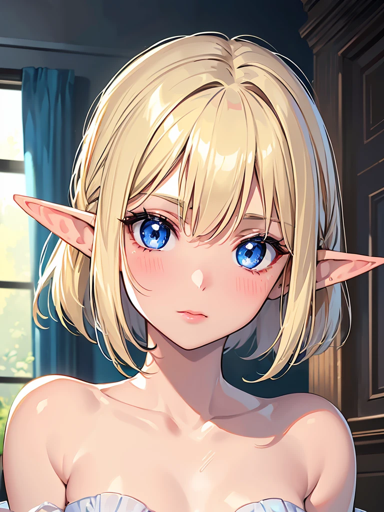 16k、masterpiece、High definition、High resolution、((Young Elven Woman))、((Beautiful white skin))、Small breasts、((Beautiful blonde))、Bobcut、((Beautiful Blue Eyes))、((Narrow eyes))、((Pointed Ears))、Shy face、blush、Orgasm facial expression、shout、Pink lip gloss、Large areola、Nipples、Sweating profusely、Shiny skin、((Bedroom at night))、Dimly lit room、Downlight light、Look up at me、((Close up of upper body))