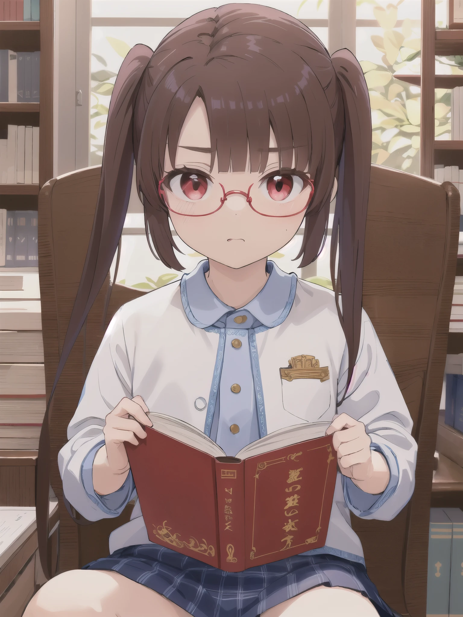 highest quality,masterpiece,indoor,library,Red eyes,Wearing red glasses,Reading a book, Twin tails, Brown Hair, bangs, , Eyebrows visible through hair,Sitting in a chair