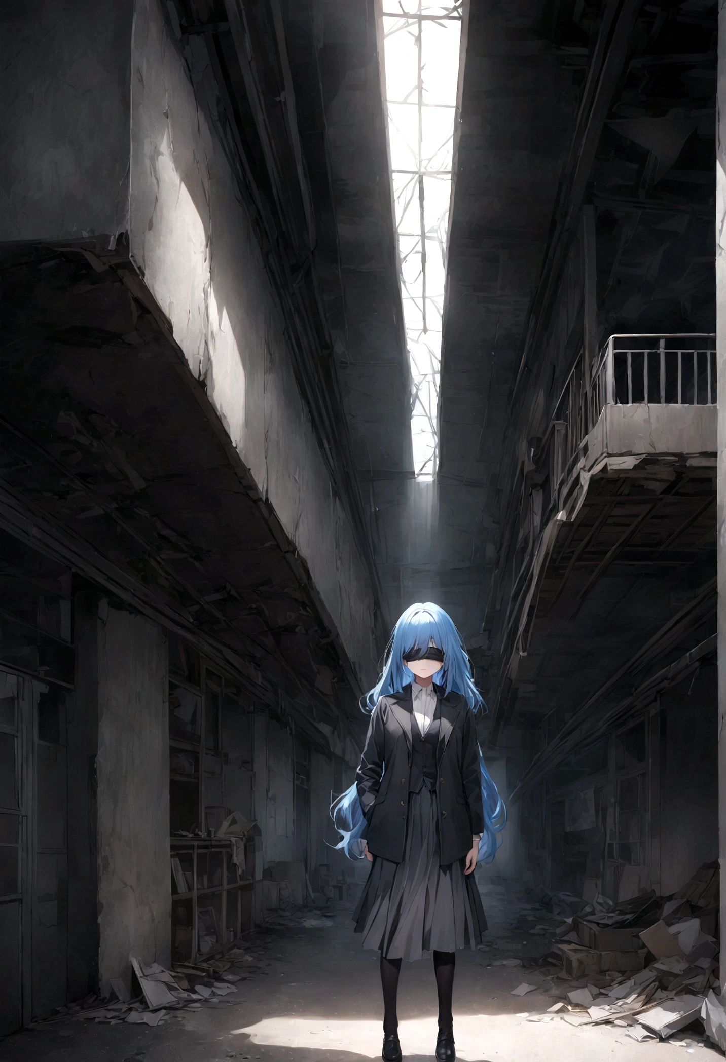 Cloth, Cover your eyes,
用丝带Cover your eyes, ((Not blindfolded,))black, black透明裙子,Long blue hair,In an abandoned factory, dark,
Album,Art Books, game_CG, realistic, photo, real,
, masterpiece, best quality,