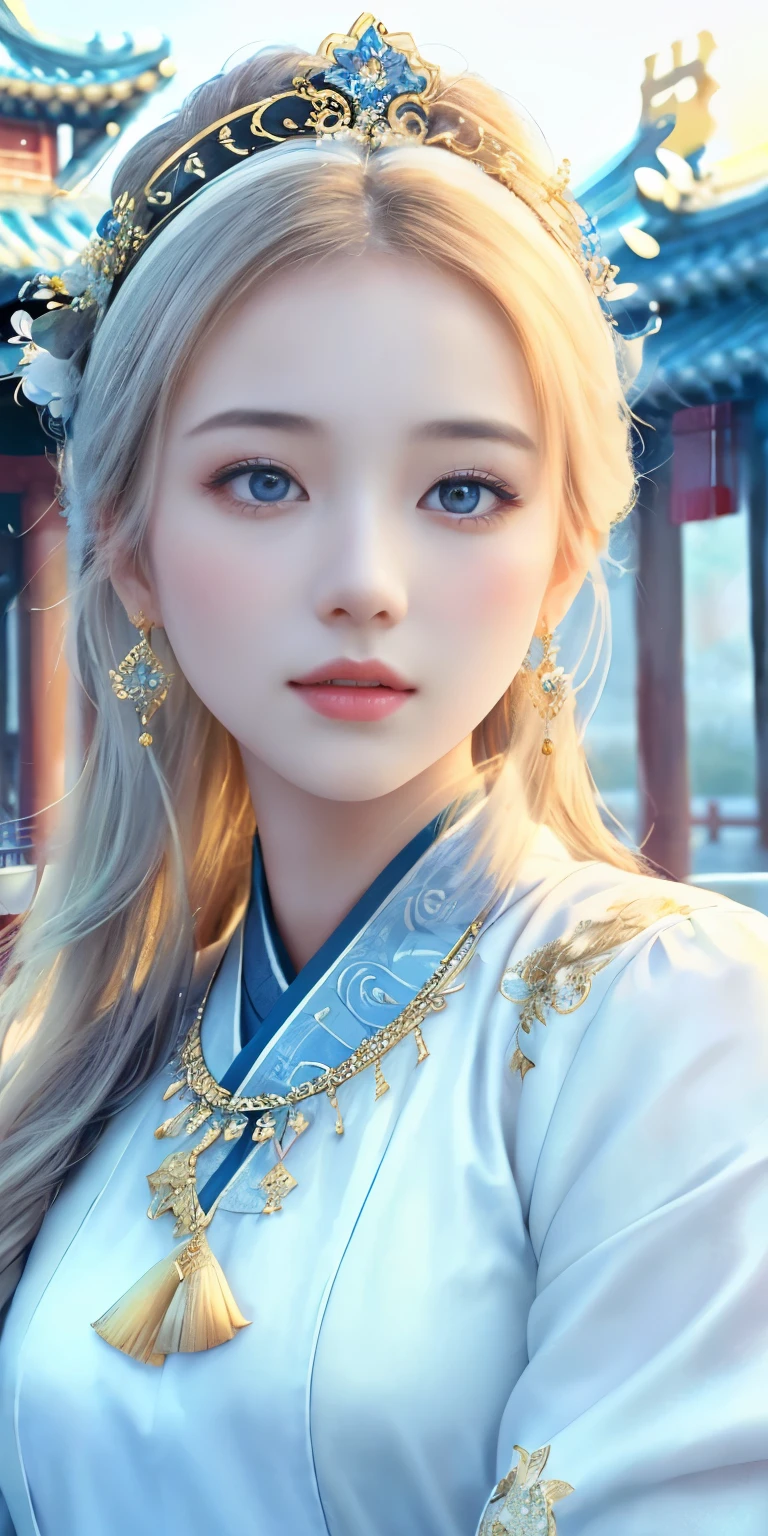 (1girl:1.3), Solo, (((Very detailed face)))), ((Very detailed eyes and face)))), Beautiful detail eyes, Body parts__, Official art, Unified 8k wallpaper, Super detailed, beautiful and beautiful, beautiful, masterpiece, best quality, original, masterpiece, super fine photo, best quality, super high resolution, realistic realism, sunlight, full body portrait, amazing beauty, dynamic pose, delicate face, vibrant eyes, (from the front), She wears traditional Chinese clothing, white and gold color scheme, very detailed palace background, rooftop, overlooking the palace, detailed face, detailed complex busy background, messy, gorgeous, milky white, highly detailed skin, realistic skin details, visible pores, clear focus, volumetric fog, 8k uhd, DSLR, high quality, film grain, fair skin, photo realism, lomography, fairy tale, translucent without cloth